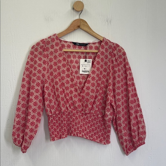 Zara - NWT Floral Print V Neck Smocked Waistband Quarter Sleeve Blouse Small - Picture 7 of 11